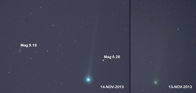 爆发前（右图，11月13日）和爆发后（左图，11月14日）的亮度对比。