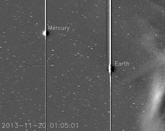 STEREO-A星（日地关系观测台）HI1图像，ISON前方的那颗小彗星是恩克彗星