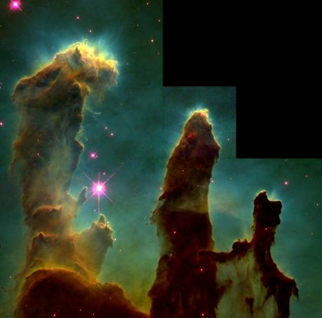 1995年4月1日，HST拍摄的闻名世界的“创生之柱”照片诞生，这是位于鹰状星云核心的气体和尘埃柱，是孕育新恒星的地方。